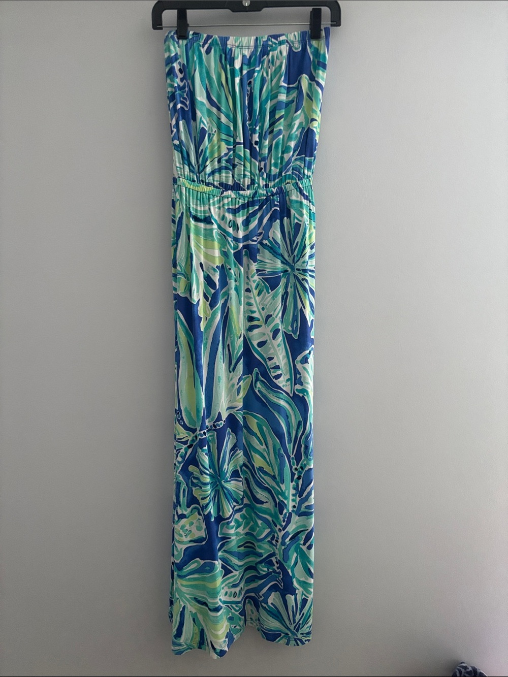 Lilly Pulitzer Strapless Maxi Dress in Blue and Green Tropical Print
